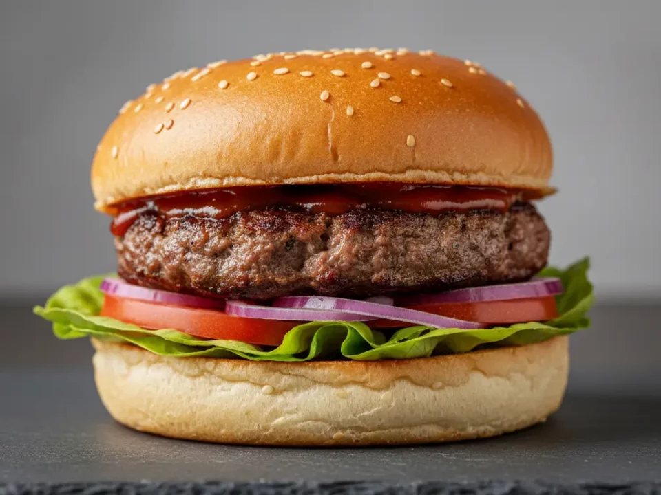 Saftiger Hamburger im Sesambrötchen mit Salat, Tomaten