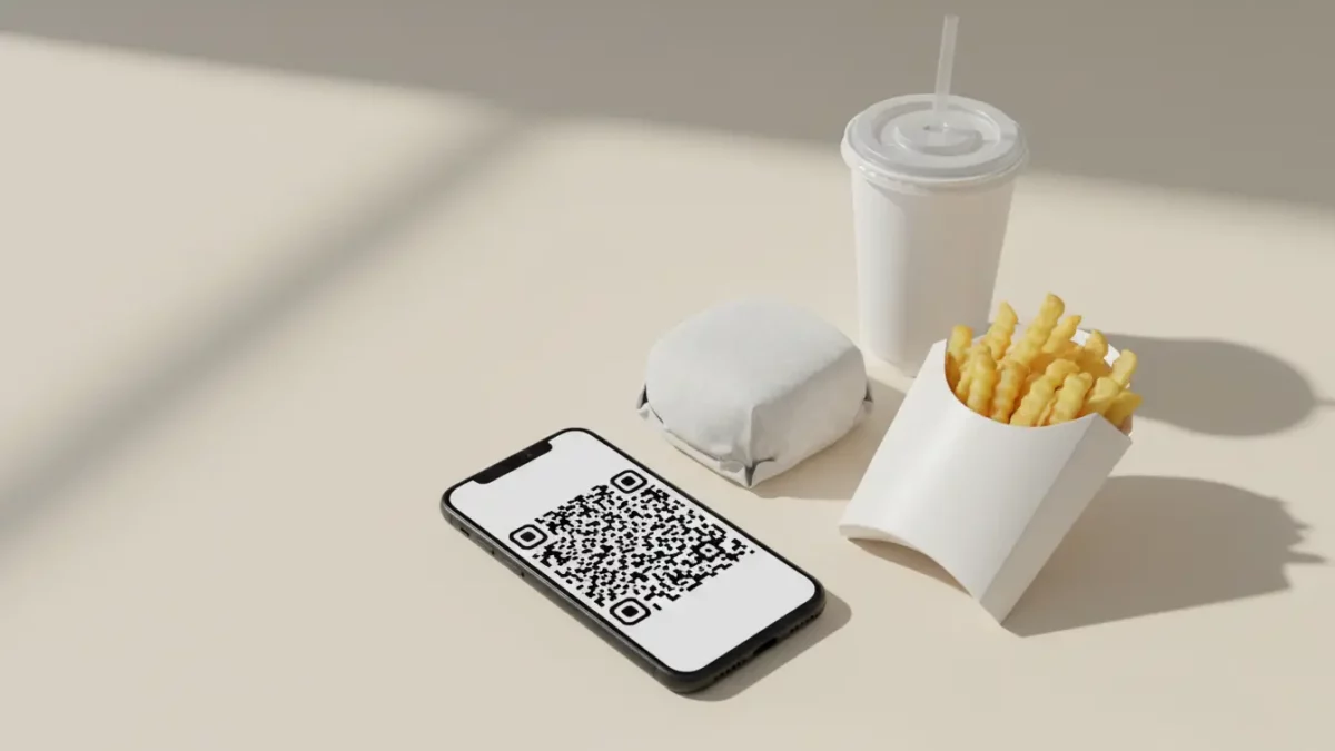 Smartphone mit QR-Code liegt neben Burger, Pommes und Getränk.