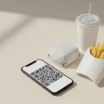 Smartphone mit QR-Code liegt neben Burger, Pommes und Getränk.