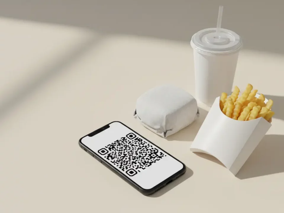 Smartphone mit QR-Code liegt neben Burger, Pommes und Getränk.