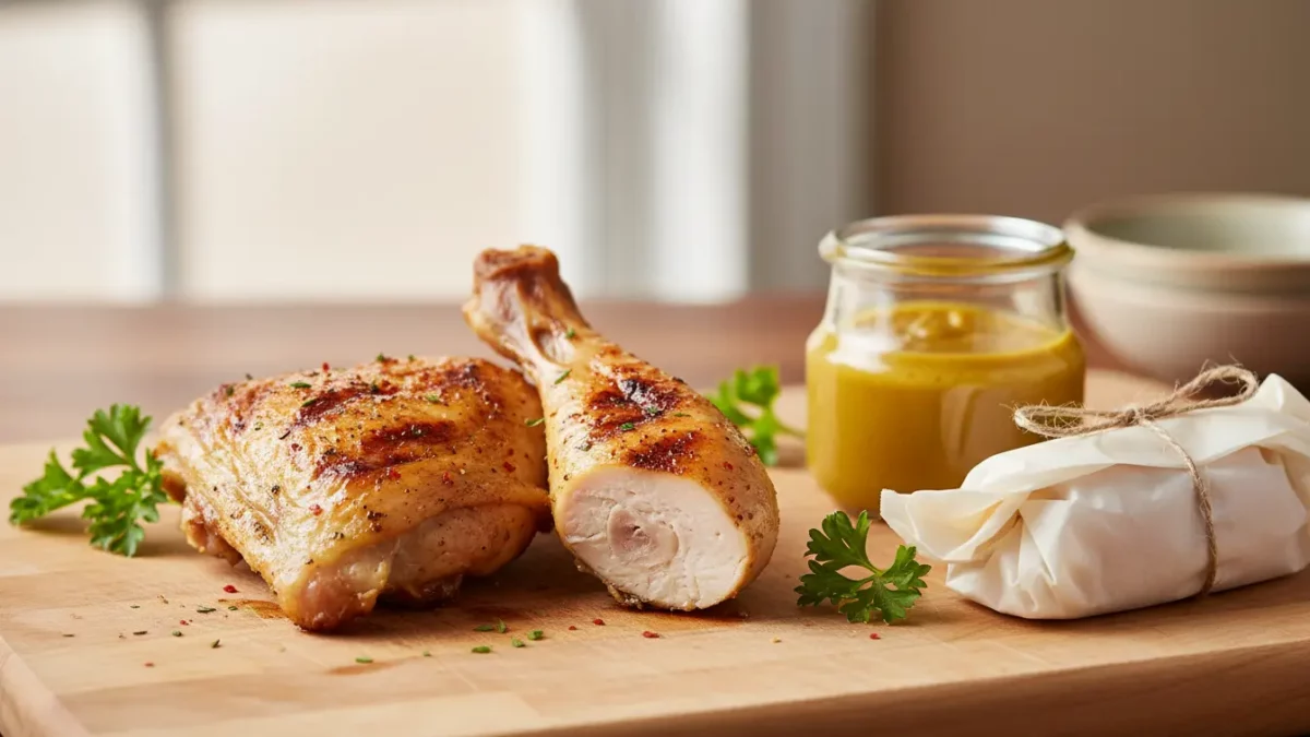 Knusprig gebratene Hähnchenkeulen auf Holzbrett mit Kräutern