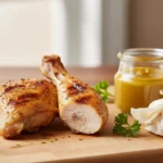 Knusprig gebratene Hähnchenkeulen auf Holzbrett mit Kräutern