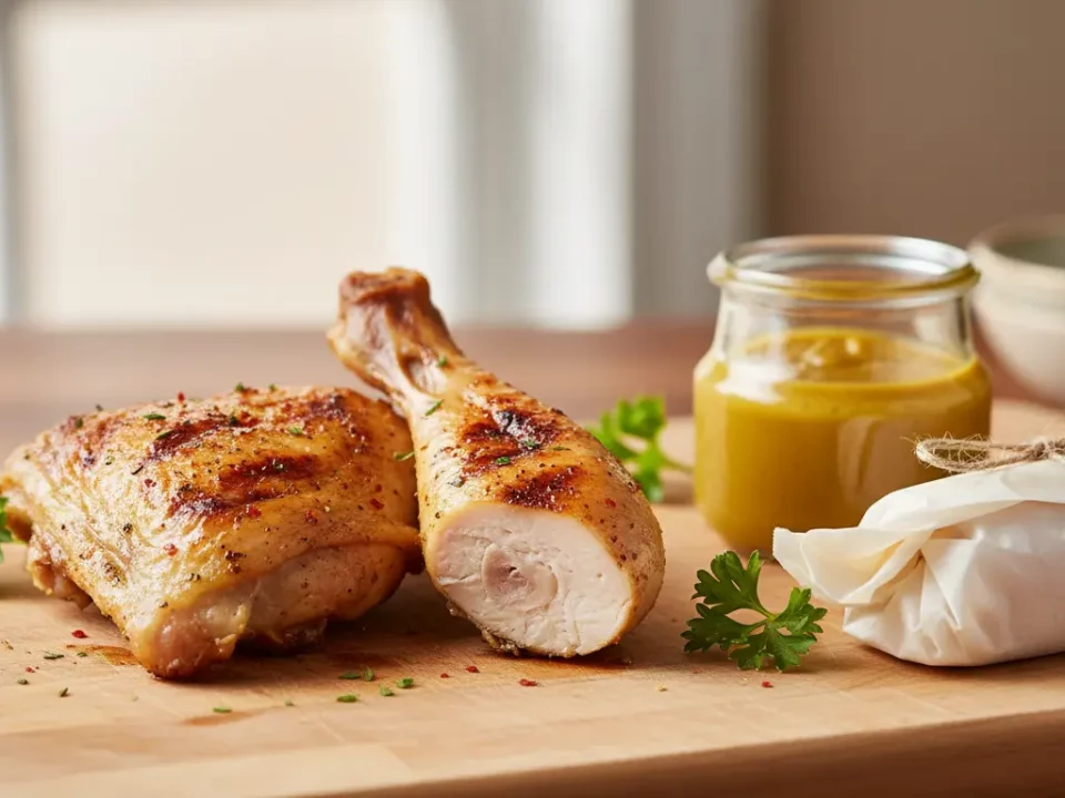 Knusprig gebratene Hähnchenkeulen auf Holzbrett mit Kräutern