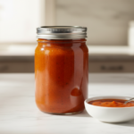 Glas mit roter Tomatensauce neben weißer Schale und Löffel.
