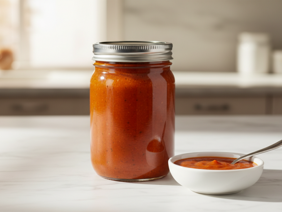 Glas mit roter Tomatensauce neben weißer Schale und Löffel.