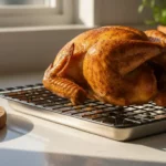 Brathähnchen auf Gitterrost im Sonnenlicht