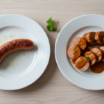 Zwei Teller Würstchen mit Sauce auf Holztisch.