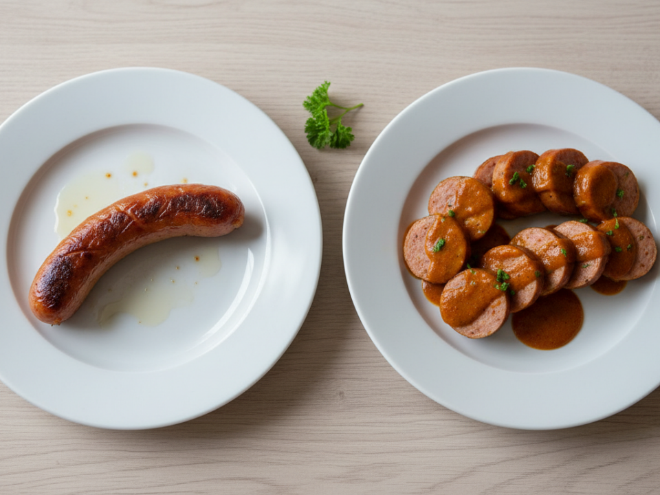 Zwei Teller Würstchen mit Sauce auf Holztisch.