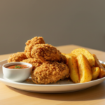 Knusprige Hähnchenstücke mit Kartoffelecken und Dip