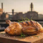 Gegrilltes Hähnchen mit Rosmarin auf Holzbrett, Grill im Hintergrund
