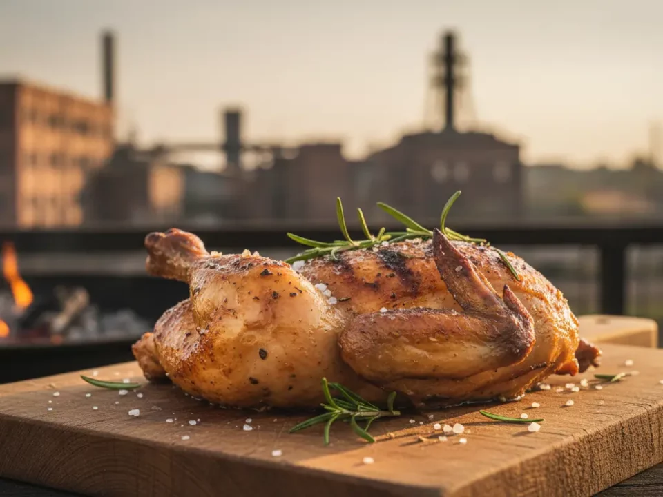 Gegrilltes Hähnchen mit Rosmarin auf Holzbrett, Grill im Hintergrund