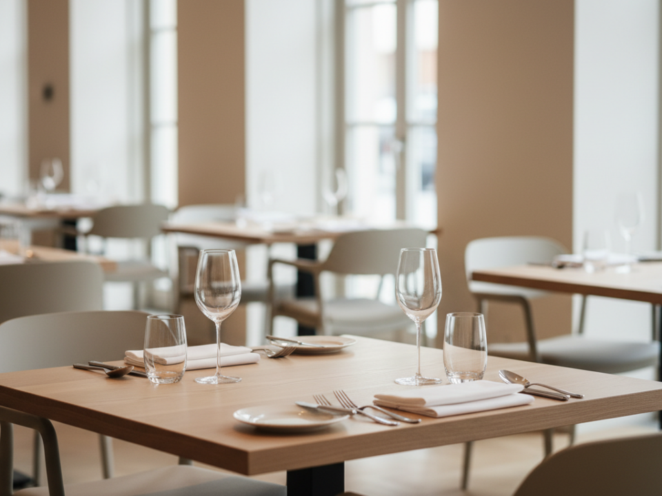 Leeres Restaurant mit gedeckten Tischen und Gläsern.
