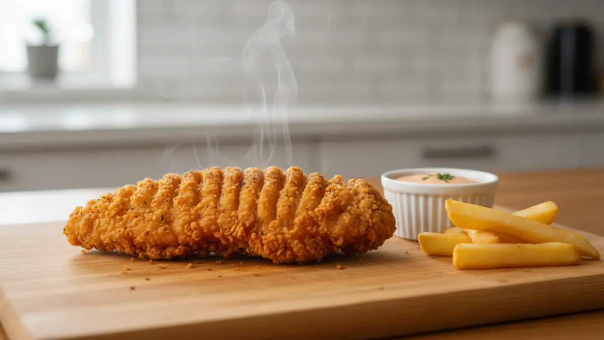 Knuspriges Hähnchen mit Pommes und Dip auf Holzteller.