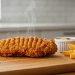 Knuspriges Hähnchen mit Pommes und Dip auf Holzteller.