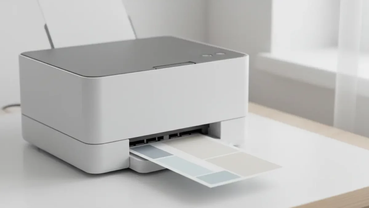Kleiner Drucker druckt Farbpaletten auf Papier.