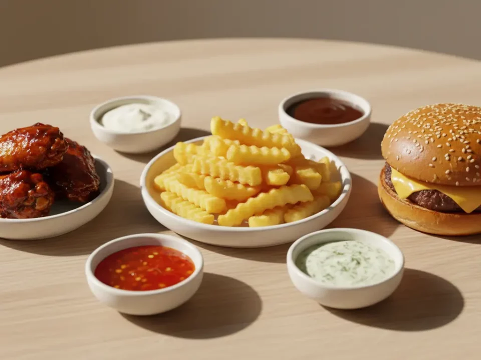 Burger, Hähnchenflügel, Pommes und Saucen auf dem Tisch.