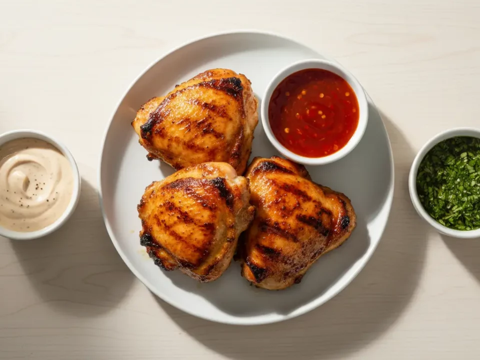 Gegrillte Hähnchenkeulen mit Dip-Saucen auf weißem Teller.