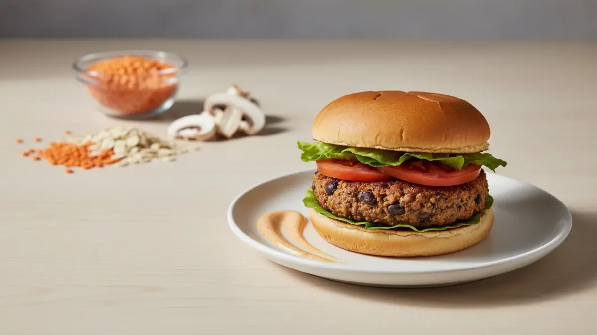 Hamburger mit Salat, Tomate und Patty auf Teller.