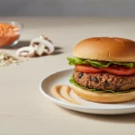 Hamburger mit Salat, Tomate und Patty auf Teller.