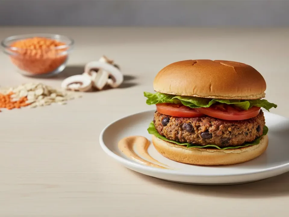 Hamburger mit Salat, Tomate und Patty auf Teller.