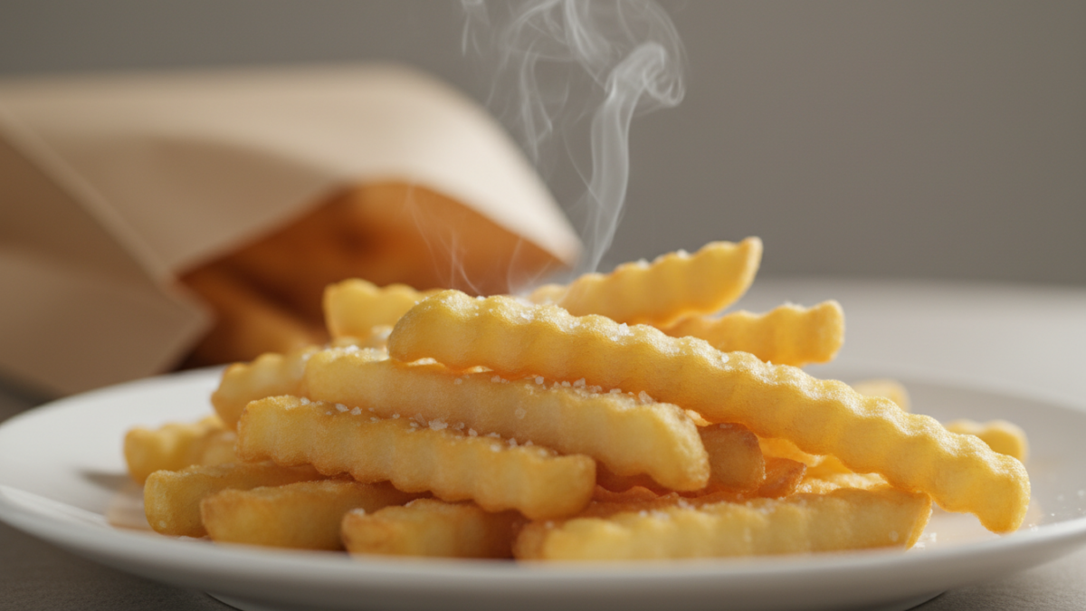 Frisch gebratene Pommes Frites dampfen auf einem Teller.