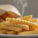 Frisch gebratene Pommes Frites dampfen auf einem Teller.