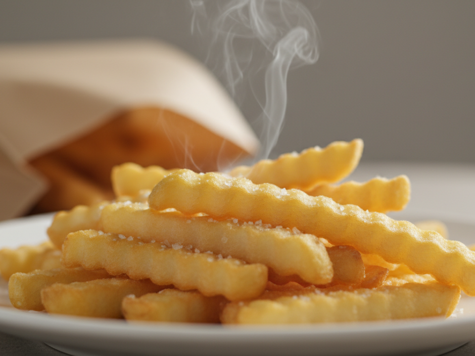 Frisch gebratene Pommes Frites dampfen auf einem Teller.