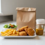 Frittierte Hähnchenstücke mit Pommes und Salat