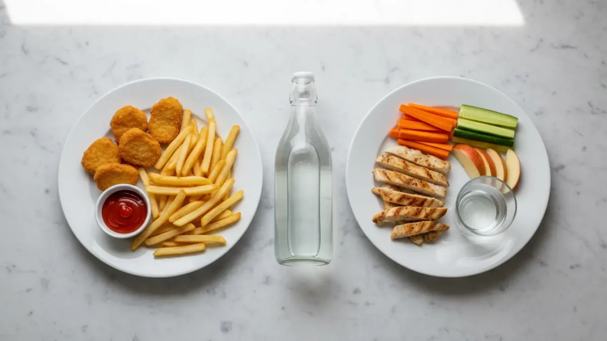 Zwei Teller Pommes, Nuggets und Gemüse; Wasserflasche dazwischen.