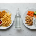 Zwei Teller Pommes, Nuggets und Gemüse; Wasserflasche dazwischen.