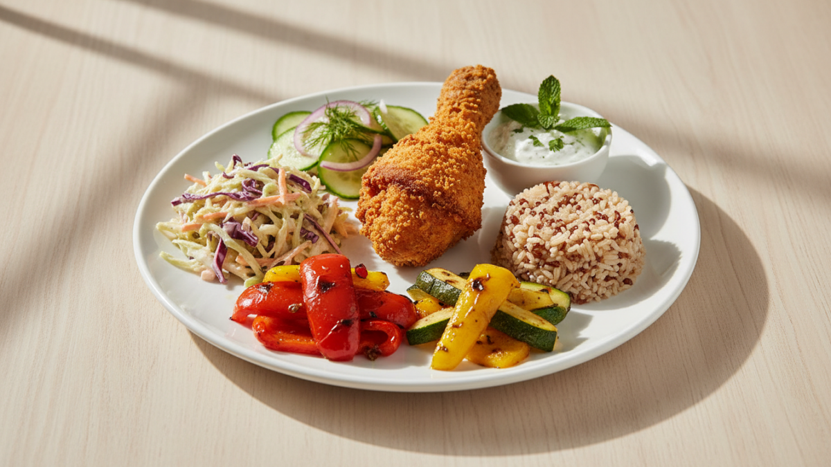 Gedeckter Teller mit frittiertem Hähnchenschenkel, Reis und Gemüse.