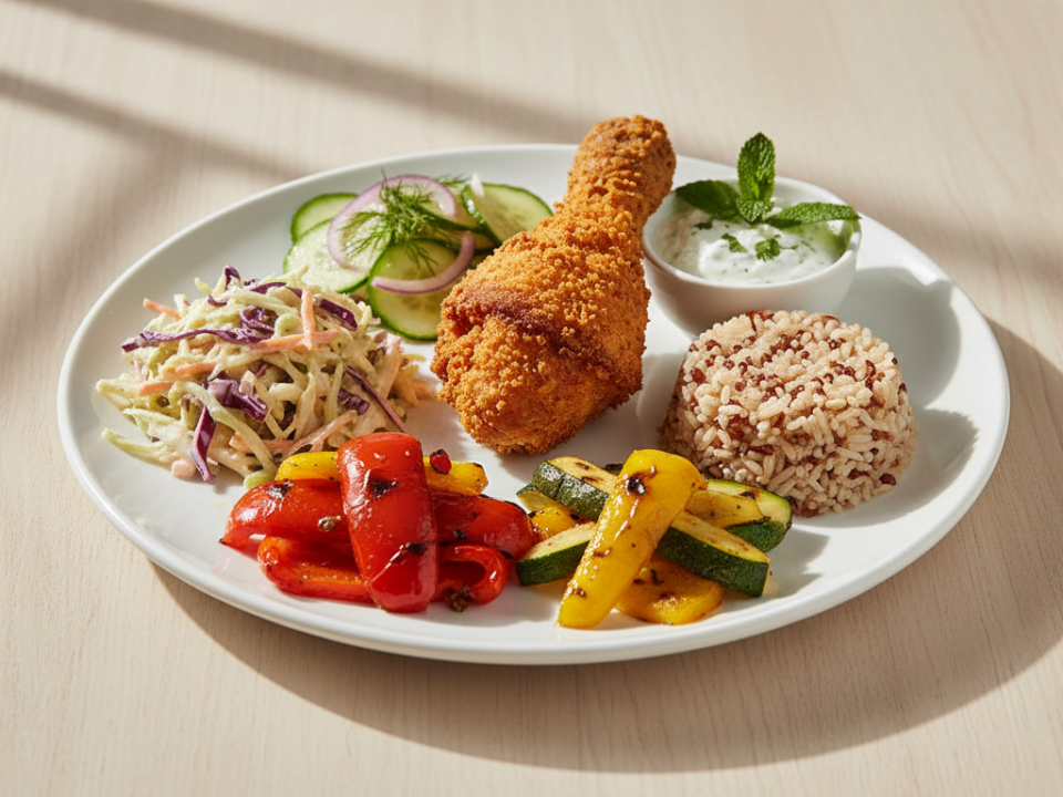 Gedeckter Teller mit frittiertem Hähnchenschenkel, Reis und Gemüse.