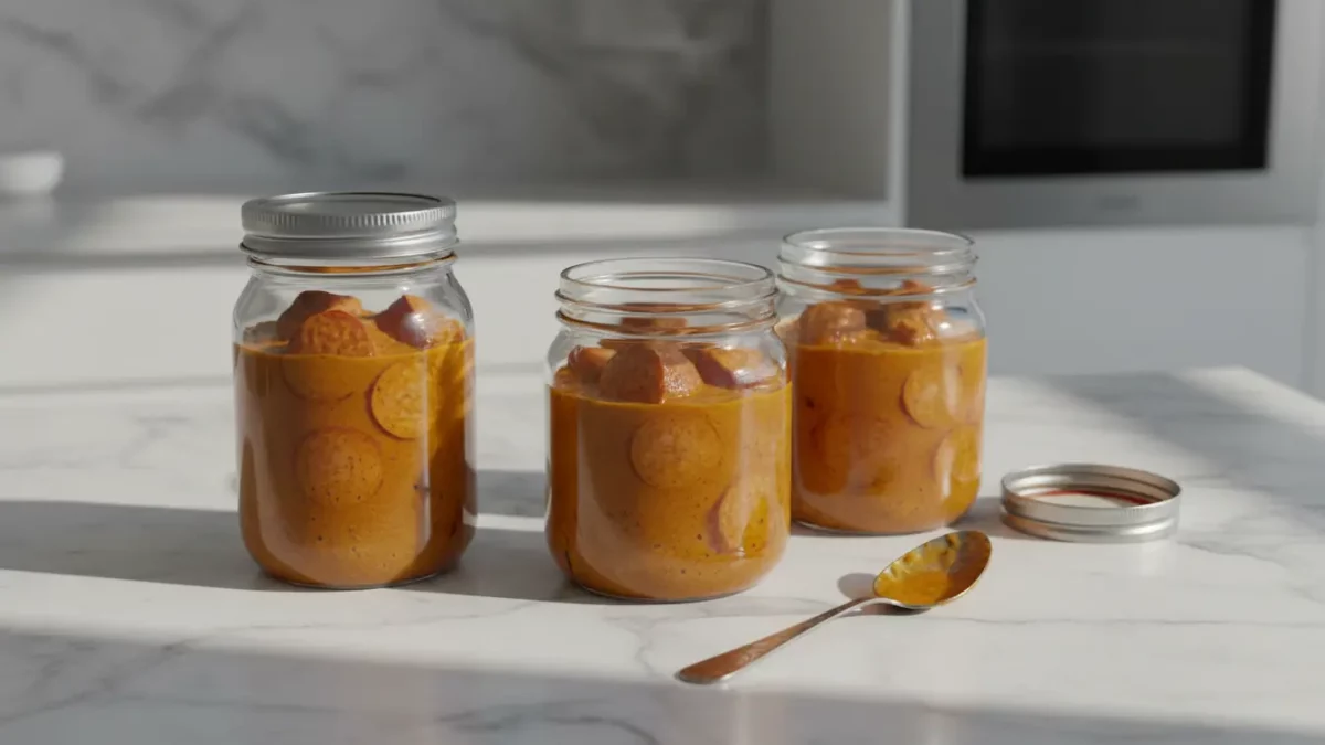 Drei Gläser mit orangefarbener Sauce und Scheiben auf Marmortisch