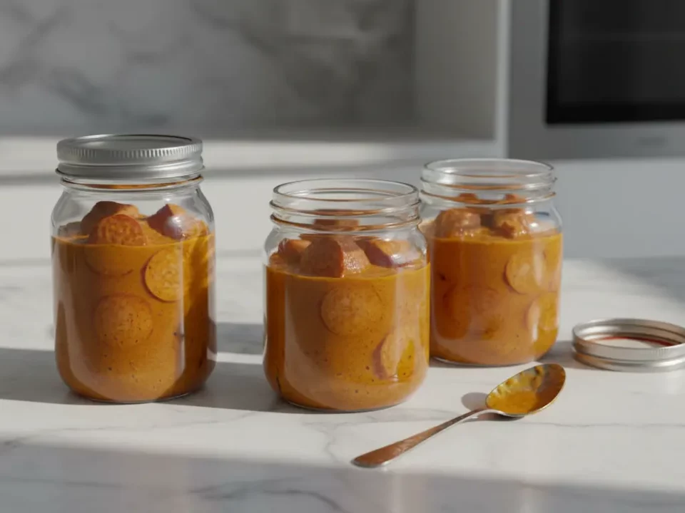 Drei Gläser mit orangefarbener Sauce und Scheiben auf Marmortisch