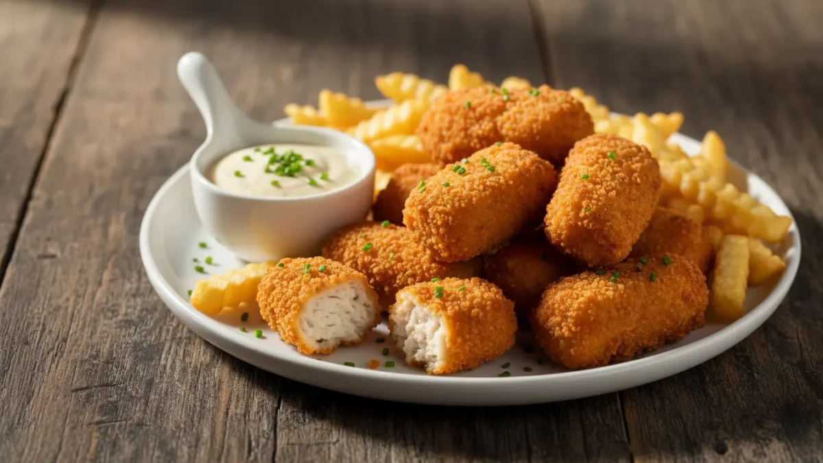 Knusprige Kroketten mit Pommes und Dip.