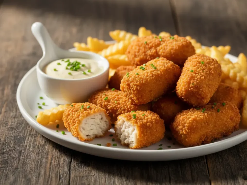 Knusprige Kroketten mit Pommes und Dip.