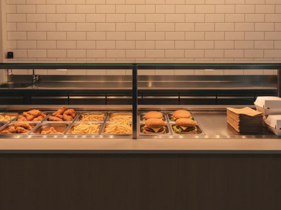 Offene Theke mit Hühnchen, Pommes und Burgern im Imbiss.