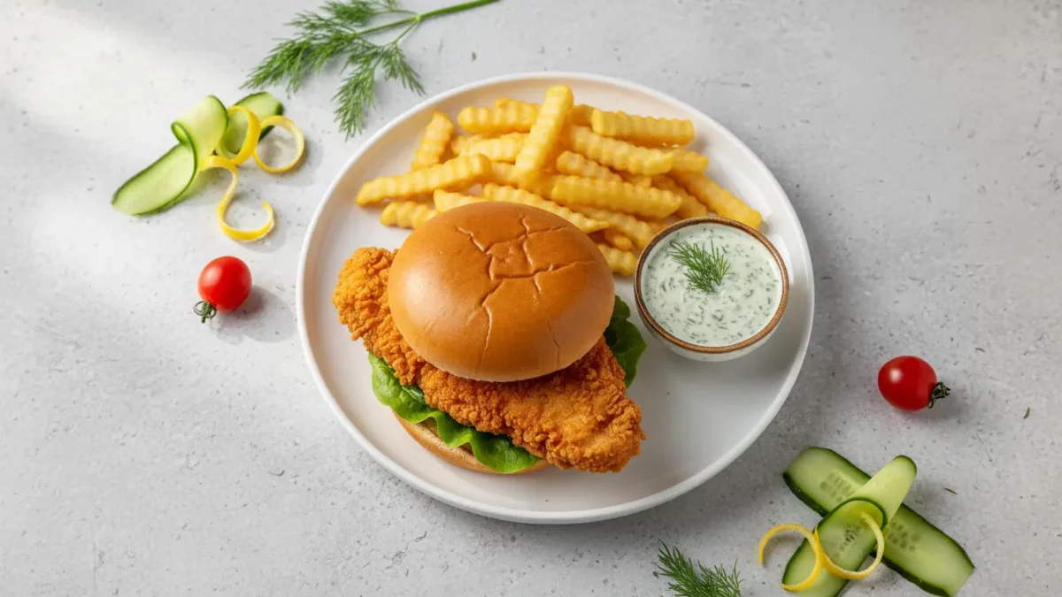 Knuspriges Hähnchen-Sandwich mit Pommes und Dip