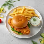 Knuspriges Hähnchen-Sandwich mit Pommes und Dip