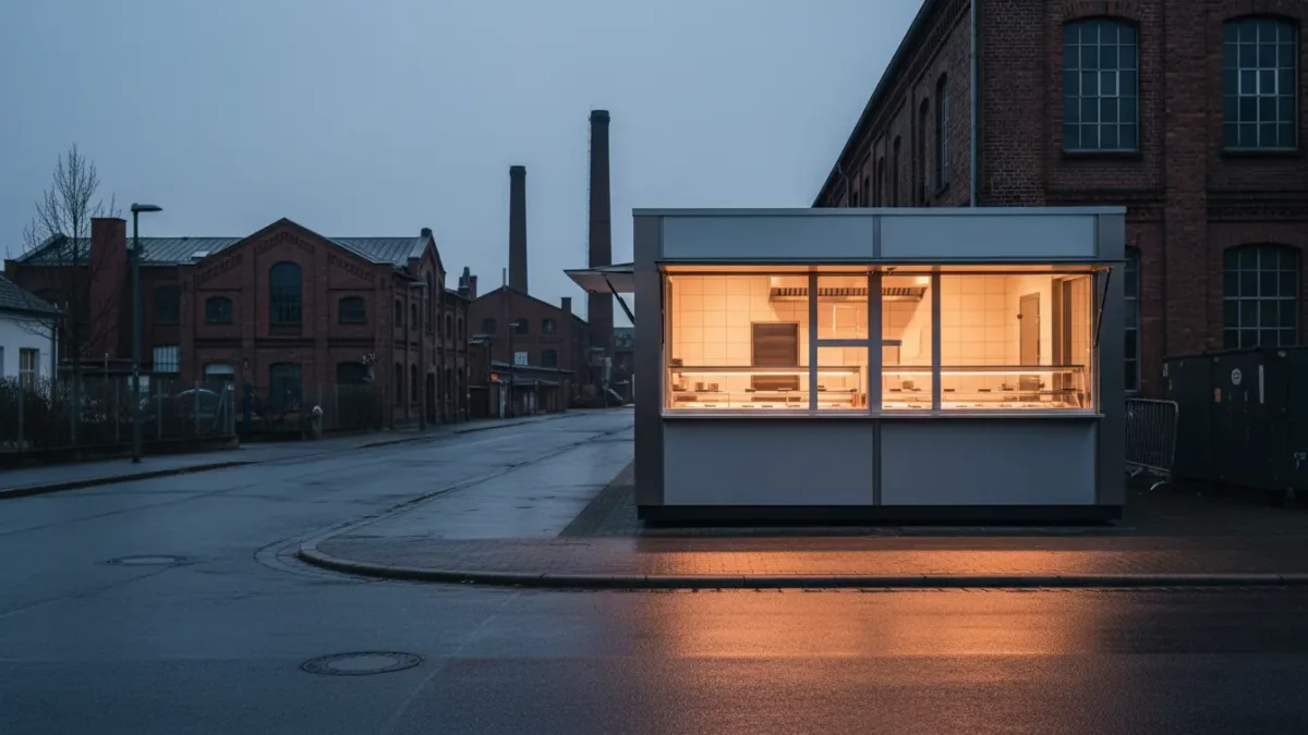 Moderne Glasbox am Straßenrand, warm beleuchtet.