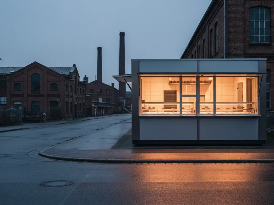 Moderne Glasbox am Straßenrand, warm beleuchtet.
