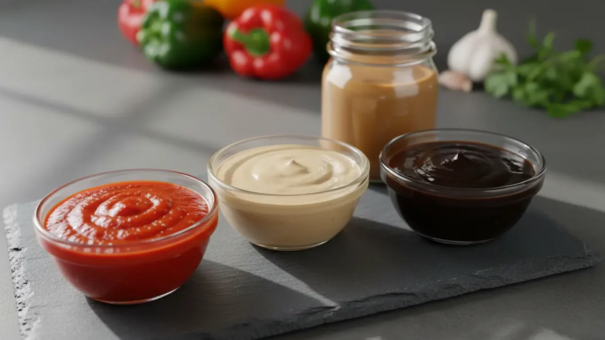Drei Gläschen Saucen: Ketchup, Mayonnaise und BBQ-Sauce.