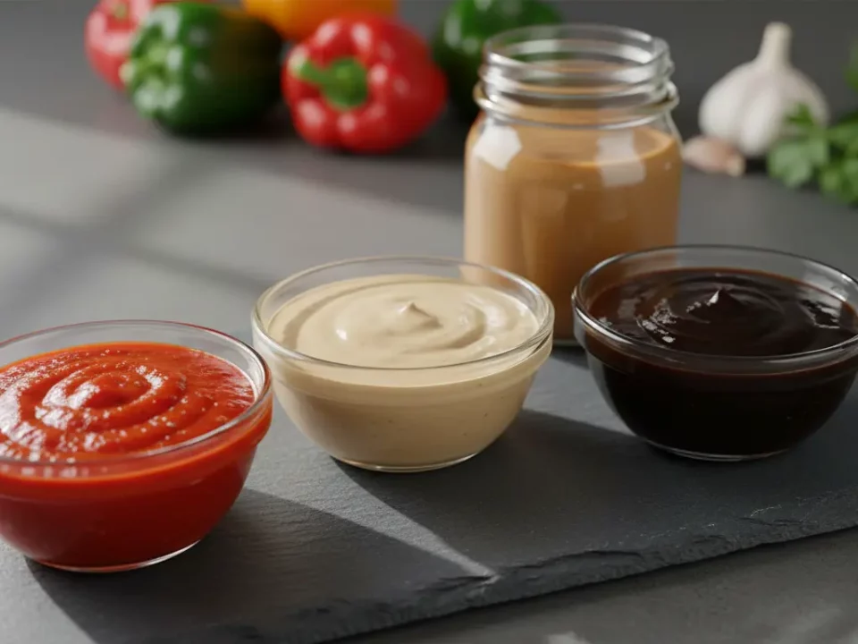 Drei Gläschen Saucen: Ketchup, Mayonnaise und BBQ-Sauce.