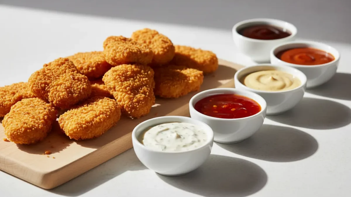 Knusprige Hähnchen-Nuggets mit verschiedenen Dips auf Holzbrett.