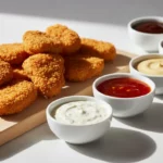 Knusprige Hähnchen-Nuggets mit verschiedenen Dips auf Holzbrett.