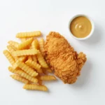 Knuspriges Hähnchen mit Pommes und Dip.