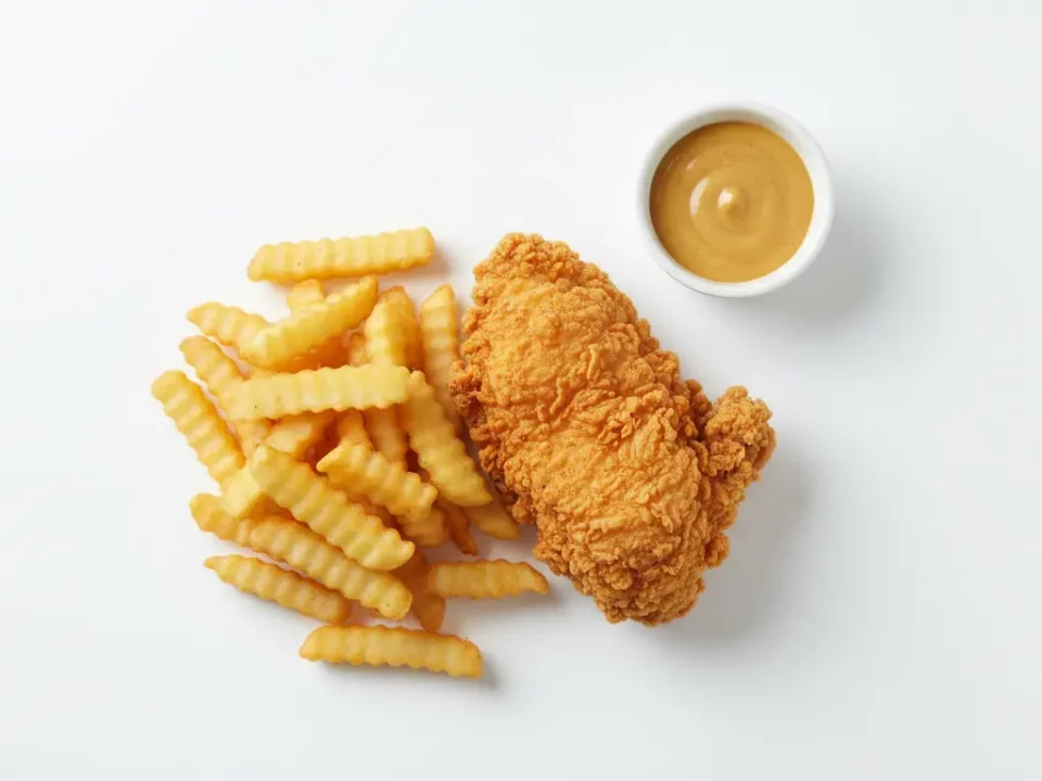 Knuspriges Hähnchen mit Pommes und Dip.