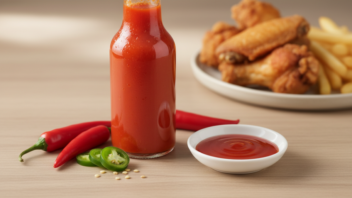 Flasche scharfer Sauce, Chilischoten und knusprige Hähnchenflügel.