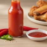Flasche scharfer Sauce, Chilischoten und knusprige Hähnchenflügel.
