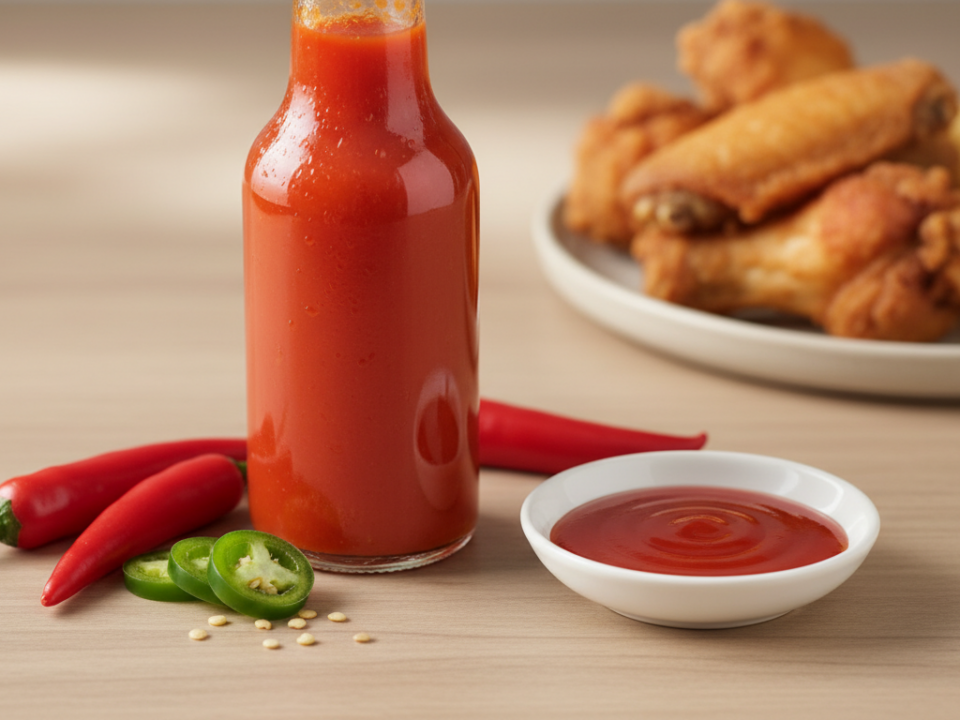 Flasche scharfer Sauce, Chilischoten und knusprige Hähnchenflügel.
